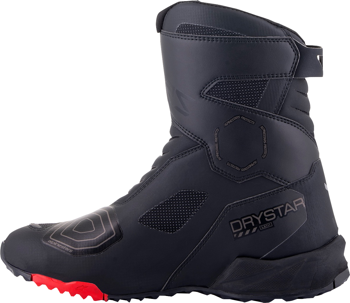 Alpinestars RT-7 Drystar motorcycle boots in black and red, US size 8, side view showing protective design and branding.