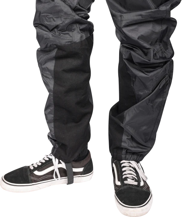 Black THRASHIN SUPPLY CO. Mission Rain Pants in size S/M, featuring waterproof fabric and adjustable waistband.