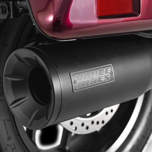 VANCE & HINES Hi-Output Slip-On Muffler in matte black with CNC aluminum construction for motorcycle exhaust upgrade