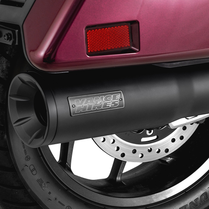 VANCE & HINES Hi-Output Slip-On Muffler in matte black with CNC aluminum finish for motorcycle exhaust upgrade.