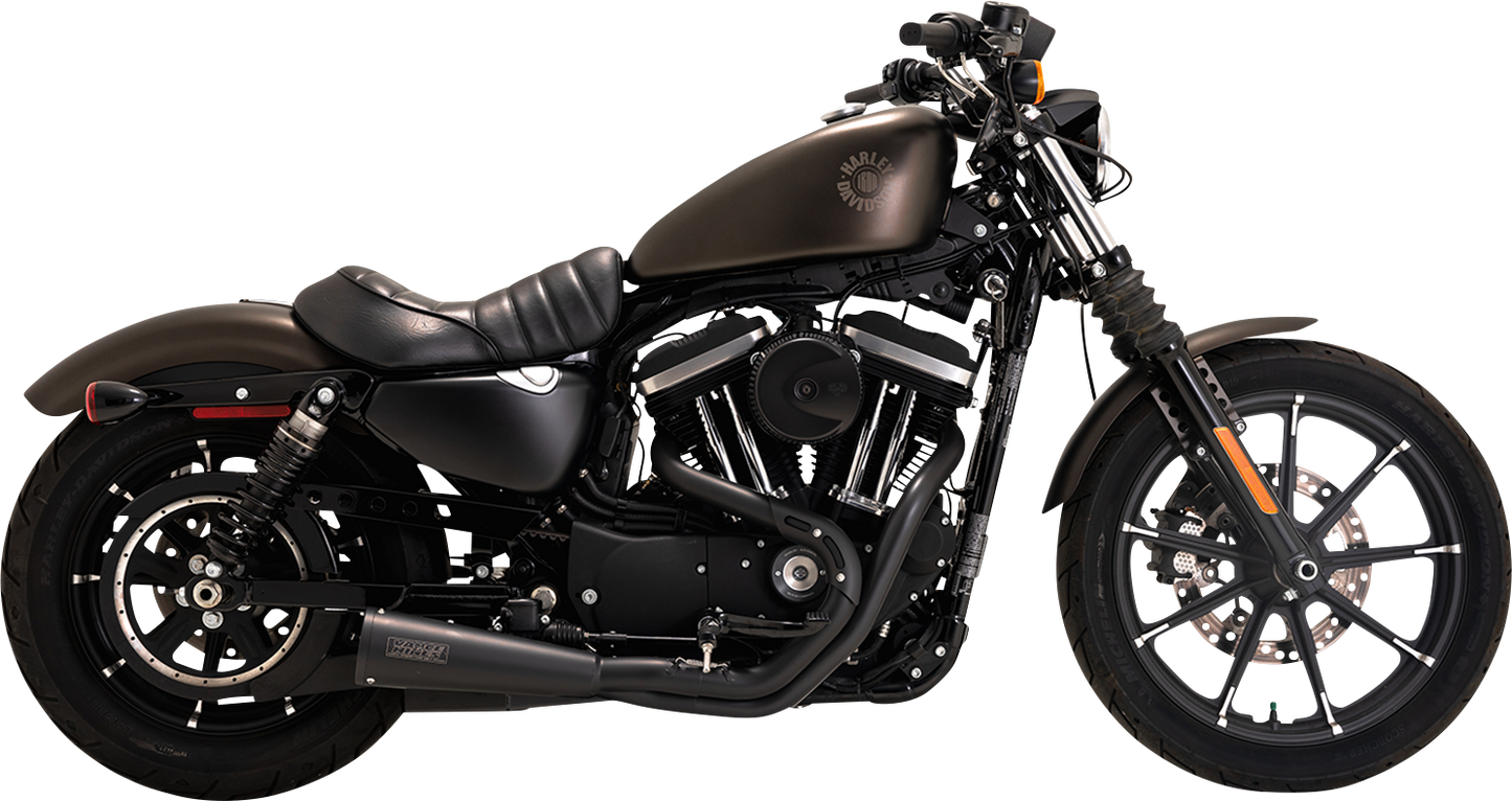 Vance & Hines Upsweep 2-into-1 motorcycle exhaust system with black finish, featuring sleek curved pipes and chrome accents.