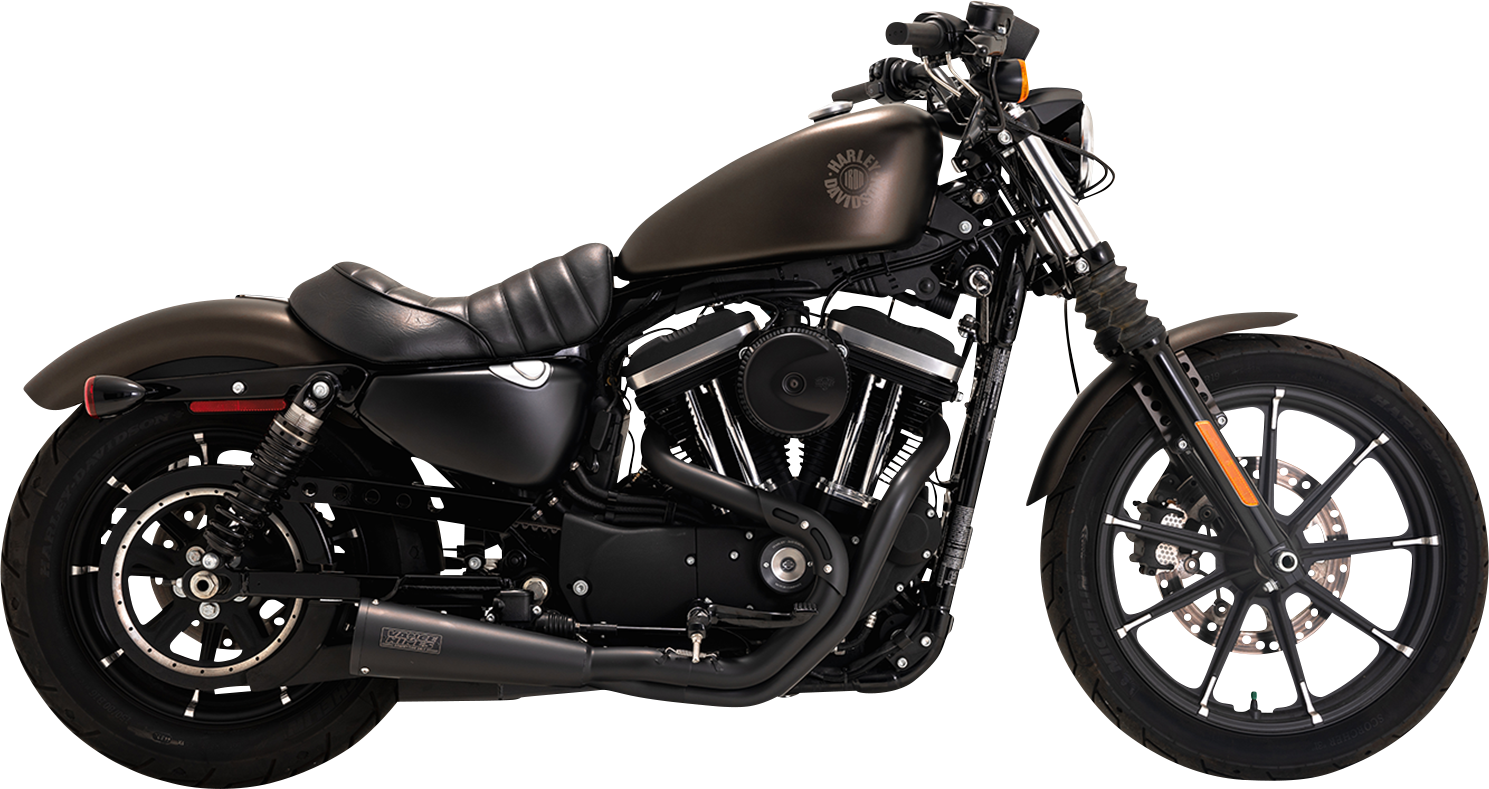 Vance & Hines Upsweep 2-into-1 motorcycle exhaust system with black finish, featuring sleek curved pipes and chrome accents.