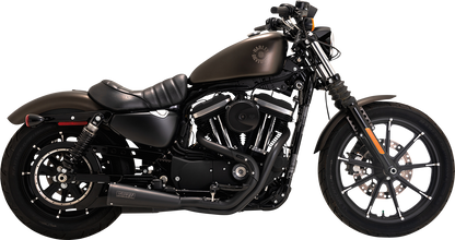 Vance & Hines Upsweep 2-into-1 motorcycle exhaust system with black finish, featuring sleek curved pipes and chrome accents.