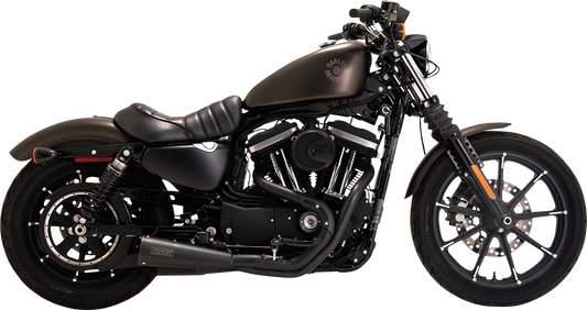 Vance & Hines Upsweep 2-into-1 motorcycle exhaust system with black finish, featuring sleek curved pipes and chrome accents.