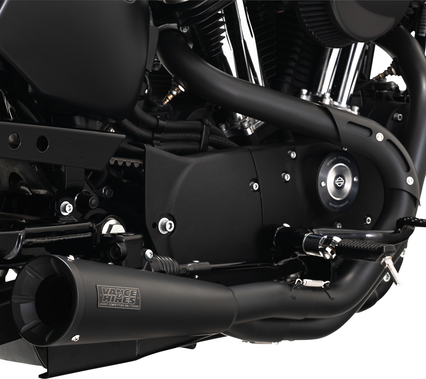 VANCE & HINES Upsweep 2-into-1 motorcycle exhaust system with black finish, showcasing sleek design and polished chrome details.
