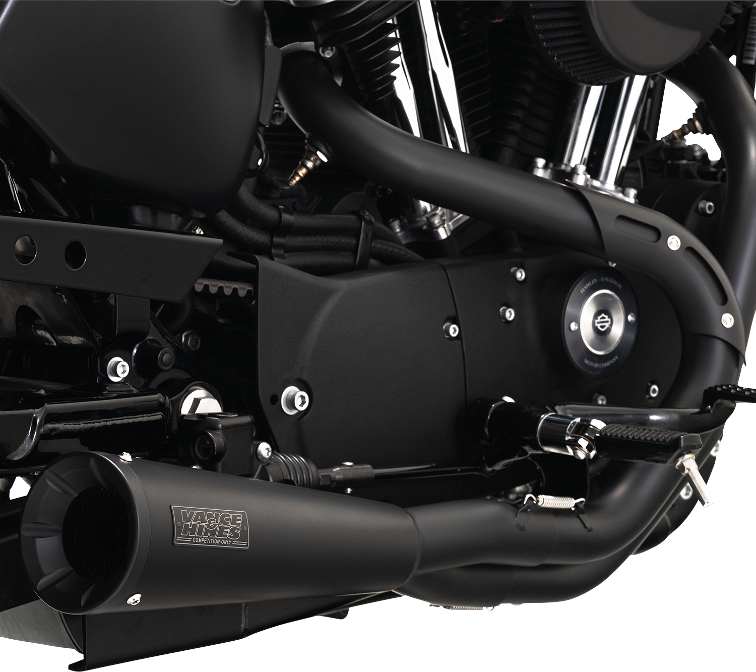 VANCE & HINES Upsweep 2-into-1 motorcycle exhaust system with black finish, showcasing sleek design and polished chrome details.