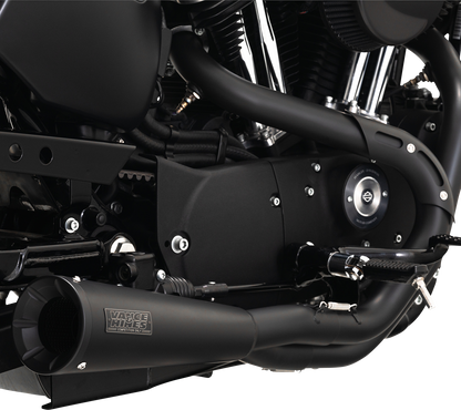 VANCE & HINES Upsweep 2-into-1 motorcycle exhaust system with black finish, showcasing sleek design and polished chrome details.