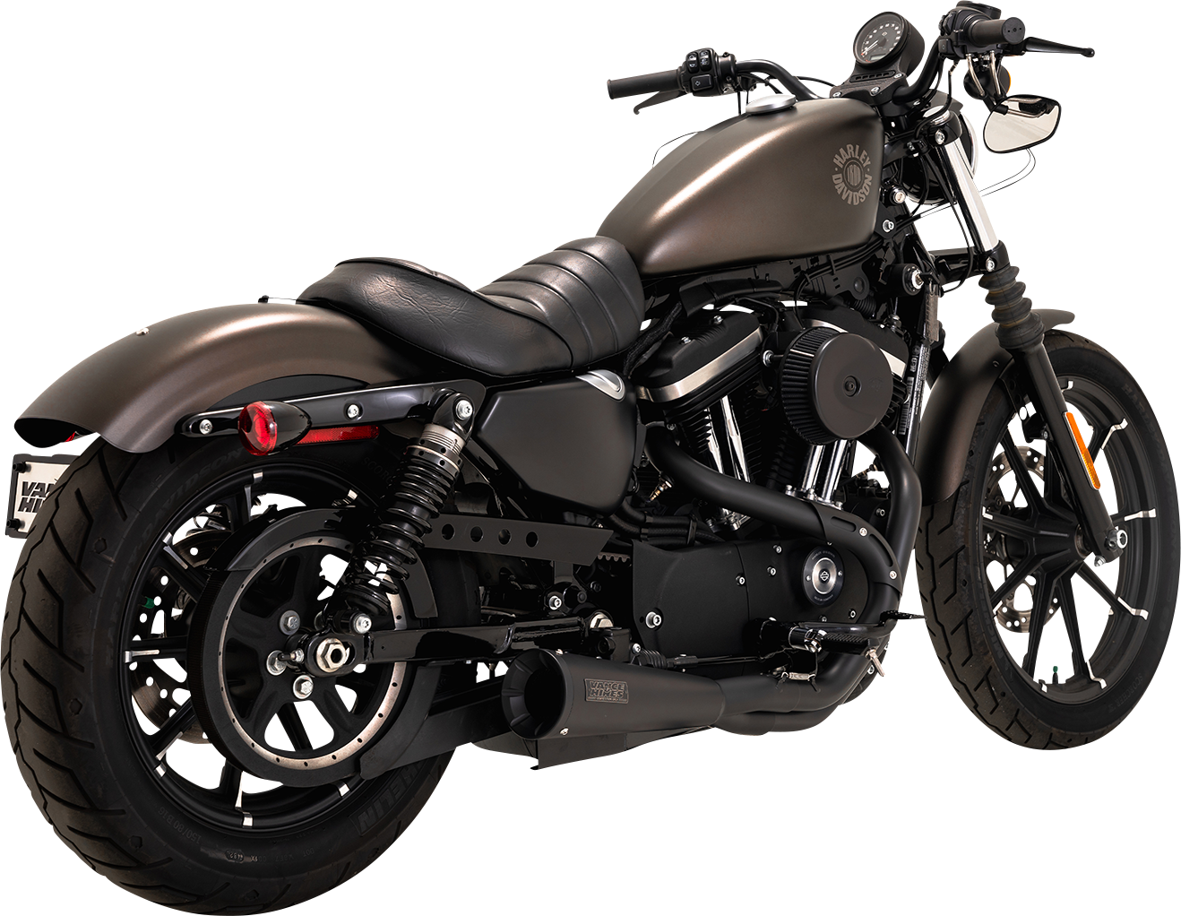 Vance & Hines Upsweep 2-into-1 motorcycle exhaust system with black finish, showcasing the sleek, curved design and chrome accents.
