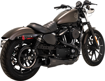 Vance & Hines Upsweep 2-into-1 motorcycle exhaust system with black finish, showcasing the sleek, curved design and chrome accents.