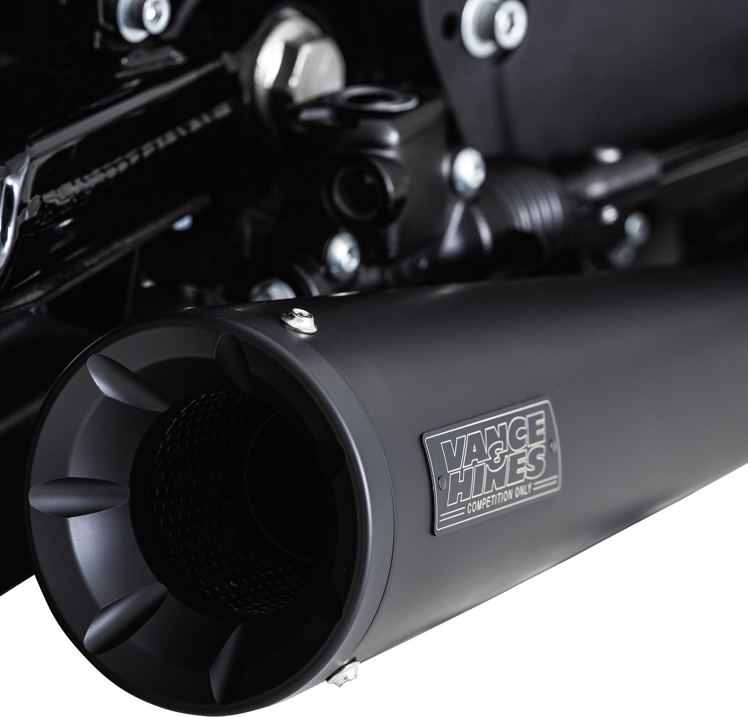 Vance & Hines Upsweep 2-into-1 motorcycle exhaust system with black finish, featuring sleek, curved pipes and chrome accents.