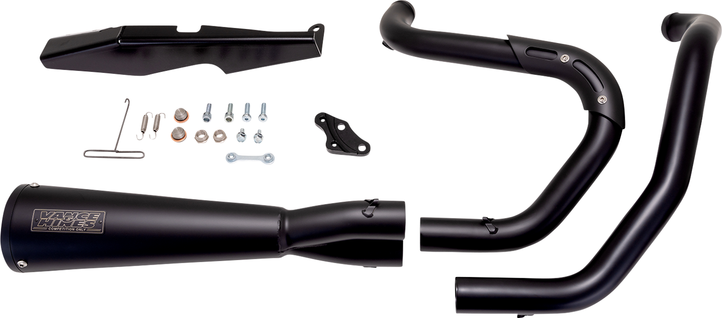 Vance & Hines Upsweep 2-into-1 exhaust system with black finish, showing the sleek motorcycle exhaust pipes and black metal components.