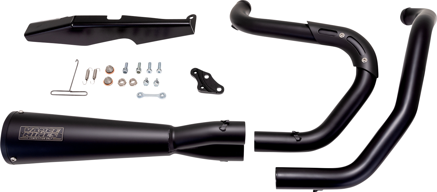 Vance & Hines Upsweep 2-into-1 exhaust system with black finish, showing the sleek motorcycle exhaust pipes and black metal components.