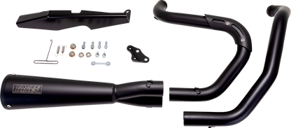 Vance & Hines Upsweep 2-into-1 exhaust system with black finish, showing the sleek motorcycle exhaust pipes and black metal components.