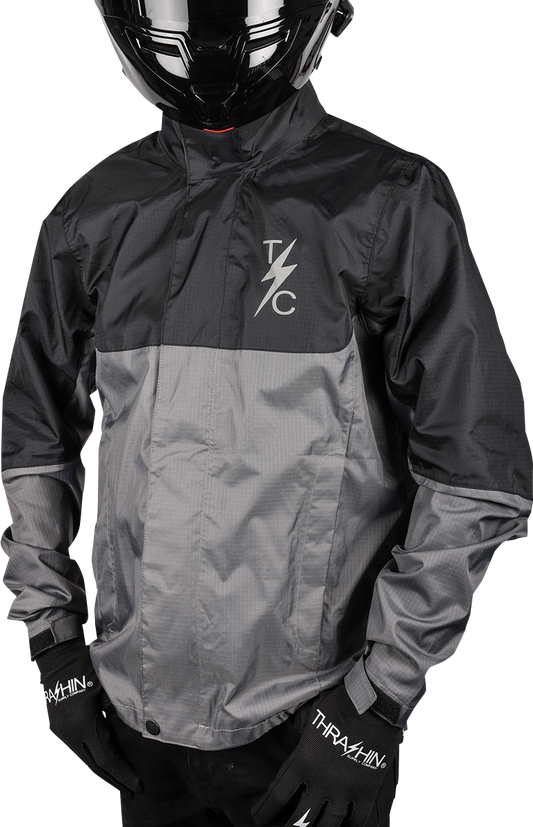 Black and gray THRASHIN SUPPLY CO. Mission WP rain jacket in XL, showing front view with hood and waterproof fabric.