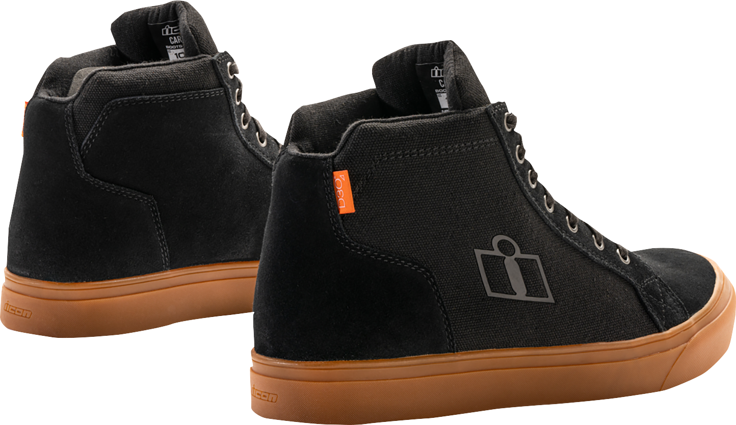 ICON Carga Boots in black with genuine leather upper and D30® ankle inserts, US 8.5 footwear for durability and style.