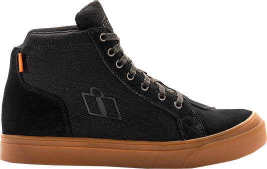 ICON Carga motorcycle boots in black leather with D30® ankle protection, US 10.5 size, durable riding footwear.