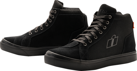 ICON Carga Boots Stealth size 8 leather motorcycle riding shoes with D30 protection, showcasing sleek black design and rugged construction.