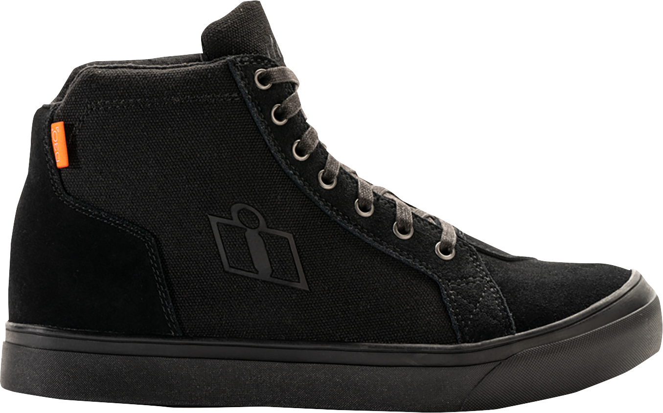 ICON Carga motorcycle boots in stealth style, US 8.5, genuine leather with D3O® ankle inserts, designed for riding and protection.