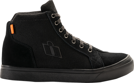 ICON Carga Boots Stealth size 8 leather motorcycle riding shoes with D30® protection, featuring rugged design and secure fit.
