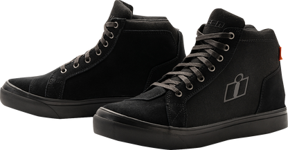 ICON Carga Boots Stealth motorcycle boots in US 9.5 with genuine leather and D30® ankle inserts, designed for protection and style.