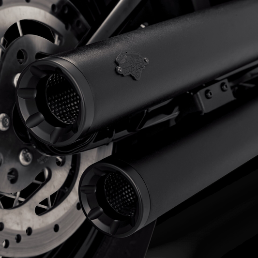 Vance & Hines Eliminator 300 slip-on mufflers in black for motorcycle exhaust system, with chrome end caps and branding details.