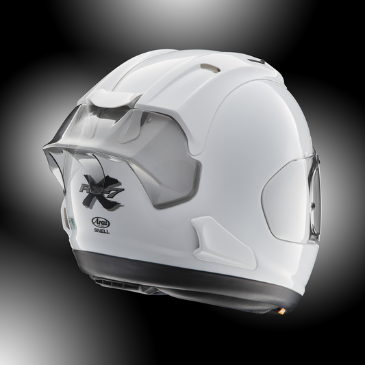 Arai Helmets DF-X2 diffuser extension tint installed on a Corsair-X motorcycle helmet, showcasing high-performance helmet accessory.