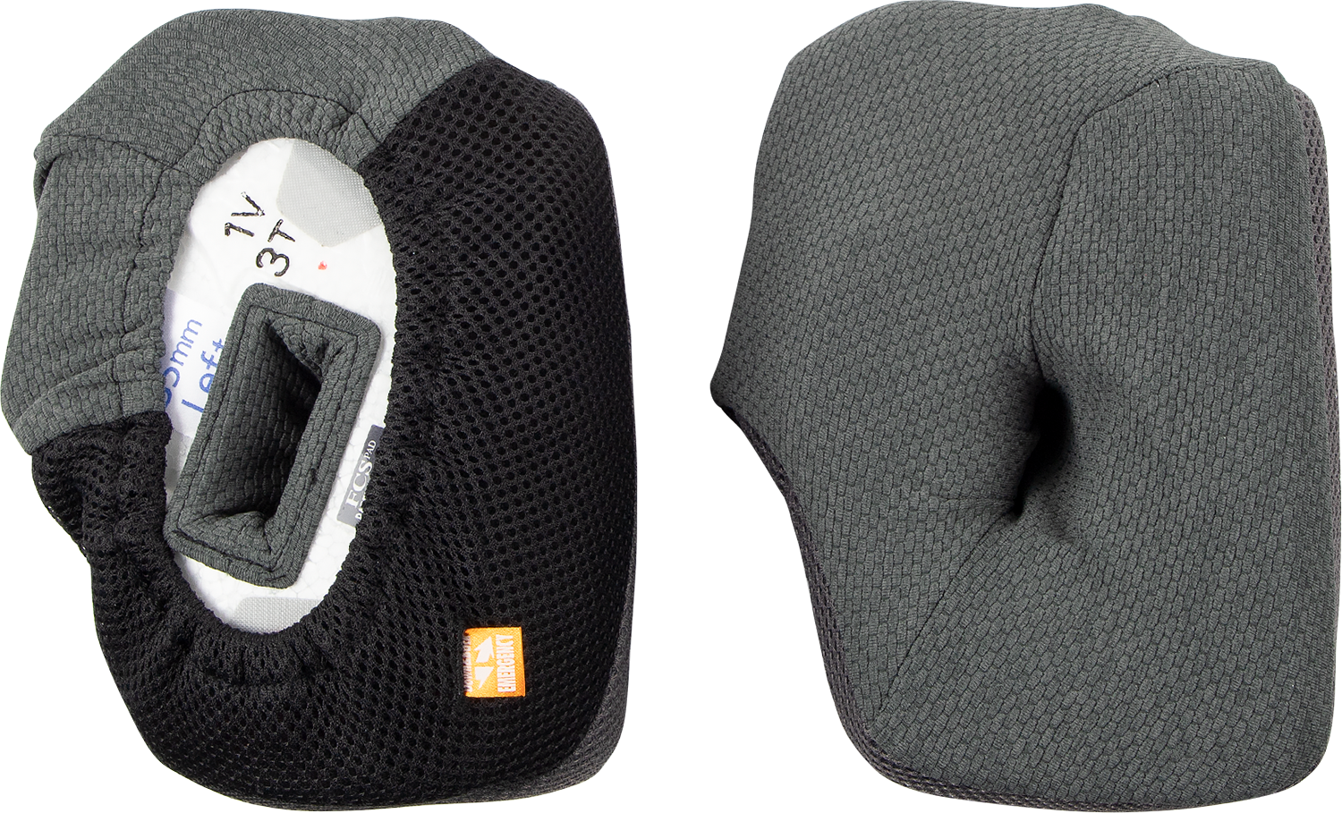 Gray 35mm ARAI Helmets VX-Pro4 cheek pads, close-up view showing padding and branding detail.