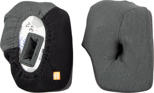 Gray 35mm ARAI Helmets VX-Pro4 cheek pads, close-up view showing padding and branding detail.