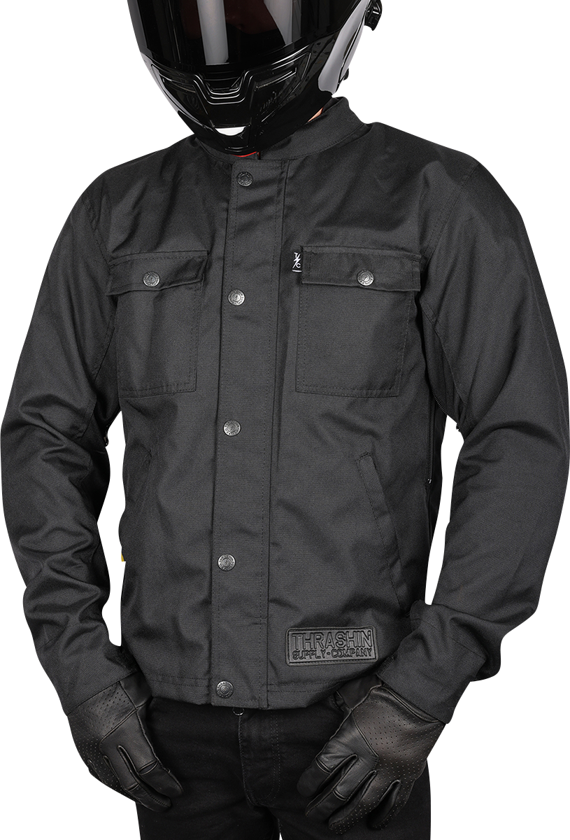 Black Atlas v2 riding jacket by THRASHIN SUPPLY CO. in 2XL size, shown with front zipper and stylish design details.
