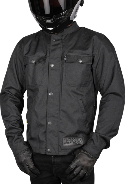Black Atlas v2 riding jacket by THRASHIN SUPPLY CO. in 2XL size, shown with front zipper and stylish design details.
