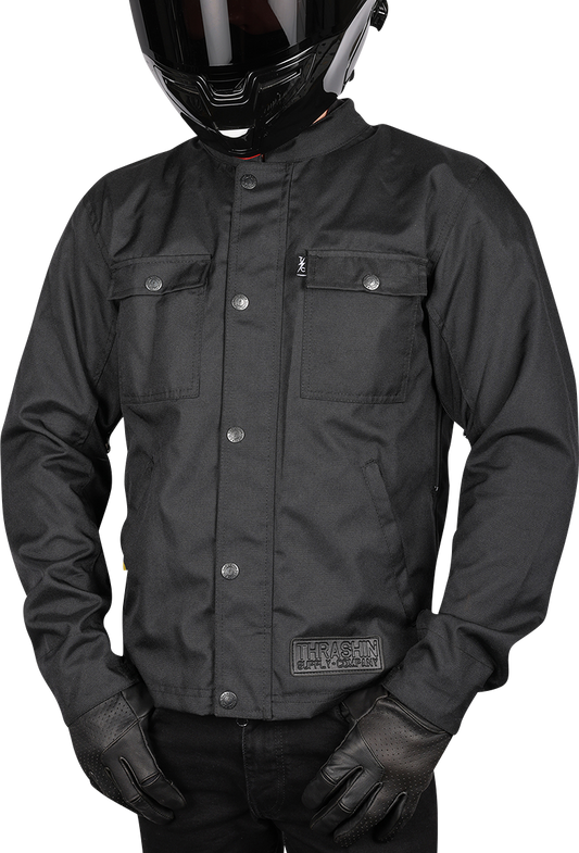 Black Atlas v2 riding jacket by THRASHIN SUPPLY CO. in 2XL size, shown with front zipper and stylish design details.