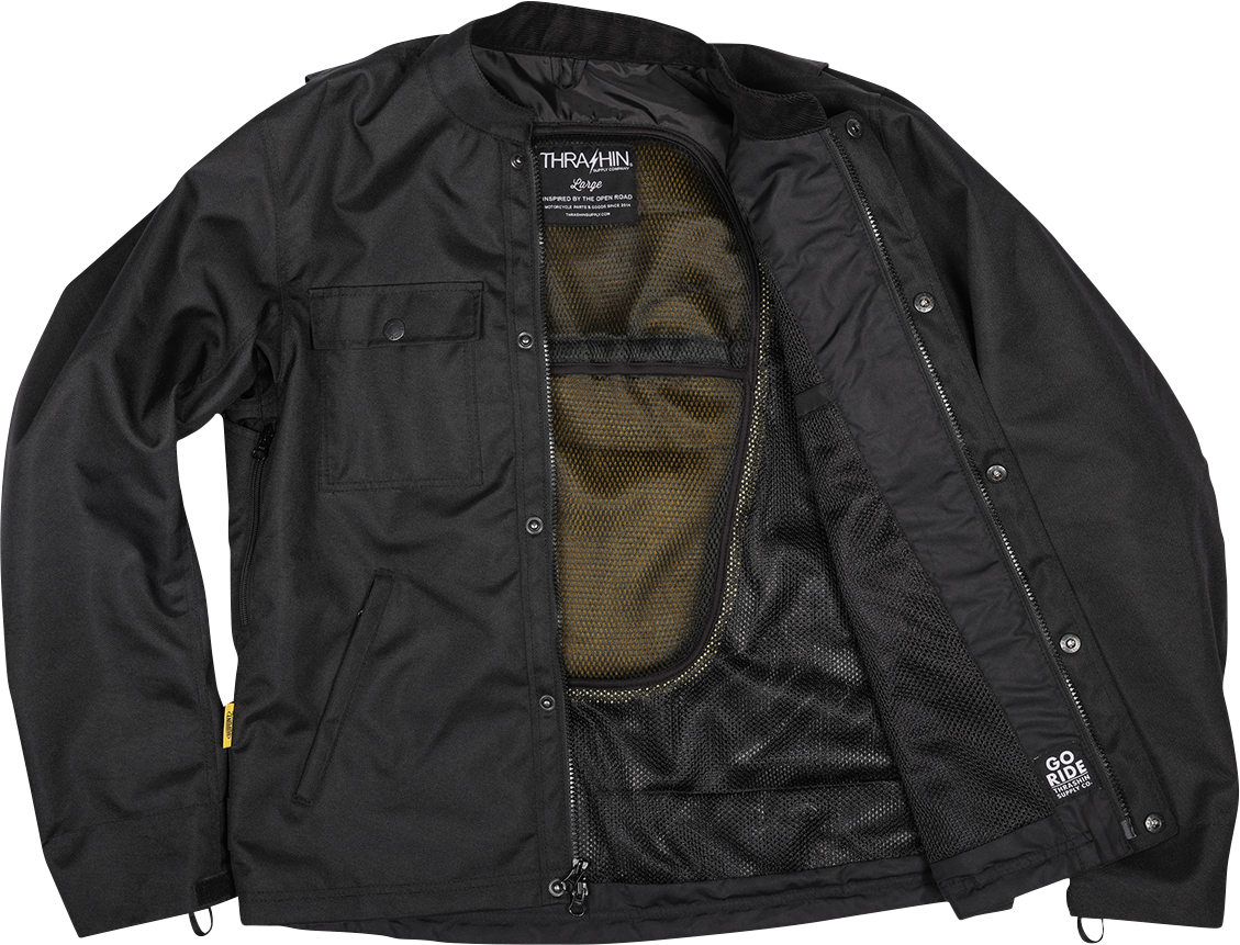 Black Atlas v2 riding jacket by THRASHIN SUPPLY CO., size 2XL, featuring durable fabric and motorcycle-inspired design.