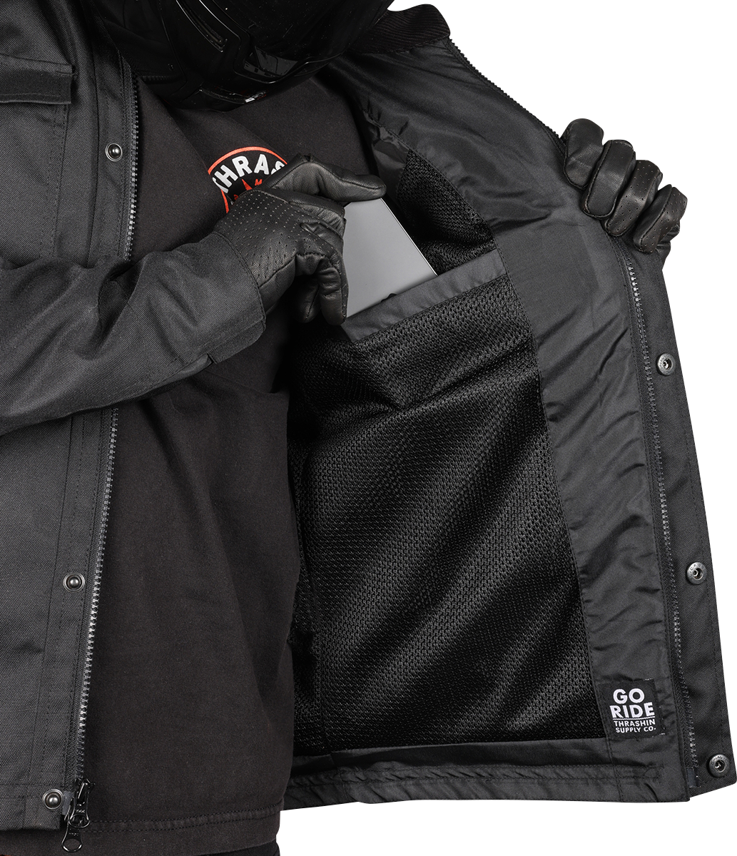 Black Atlas v2 riding jacket by THRASHIN SUPPLY CO. in 2XL, shown with front view, featuring durable material and riding style.