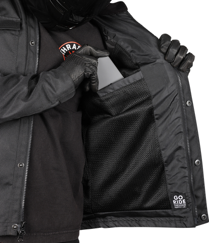 Black Atlas v2 riding jacket by THRASHIN SUPPLY CO. in 2XL, shown with front view, featuring durable material and riding style.