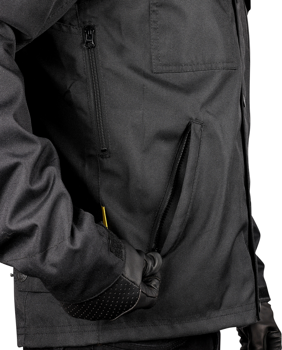 Black THRASHIN SUPPLY CO. Atlas v2 riding jacket in 2XL size, featuring durable fabric and sleek design for motorcycle riding.