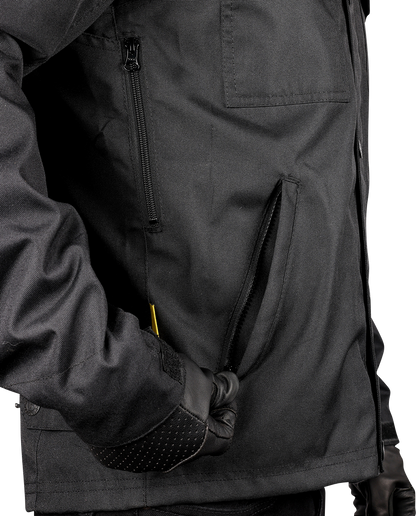 Black THRASHIN SUPPLY CO. Atlas v2 riding jacket in 2XL size, featuring durable fabric and sleek design for motorcycle riding.