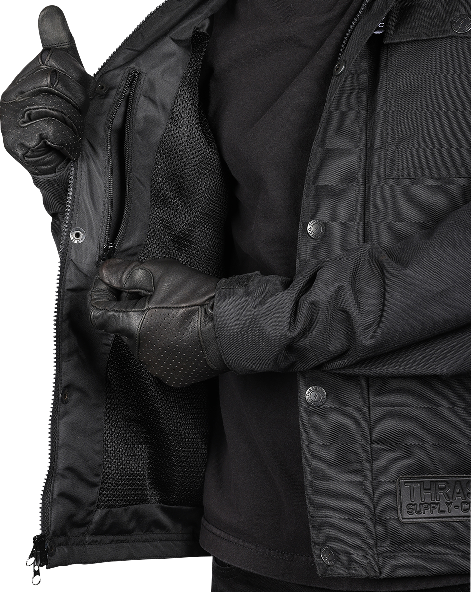 Black THRASHIN SUPPLY CO. Atlas v2 riding jacket in 2XL, featuring a sleek design and durable fabric for motorcycle riding.