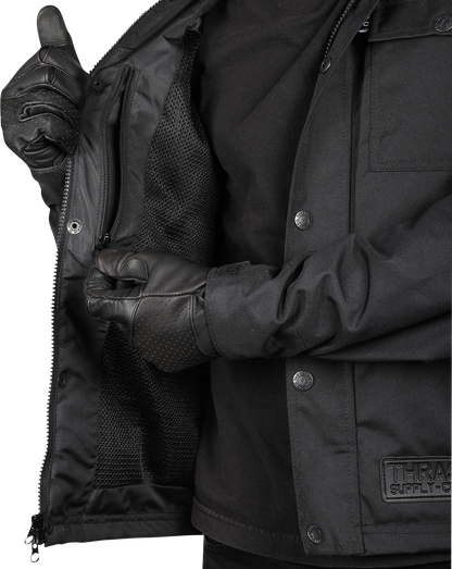 Black THRASHIN SUPPLY CO. Atlas v2 riding jacket in 2XL, featuring a sleek design and durable fabric for motorcycle riding.