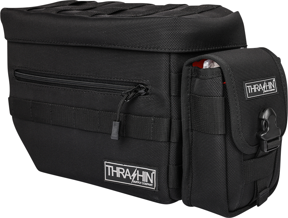 Durable THRASHIN SUPPLY CO. multi-use pouch made of 1680D ballistic nylon with high visibility interior for versatile storage.