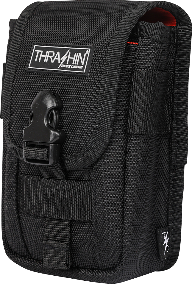 Durable THRASHIN SUPPLY CO. multi-use pouch made of 1680D ballistic nylon with high visibility interior and secure zipper closure.