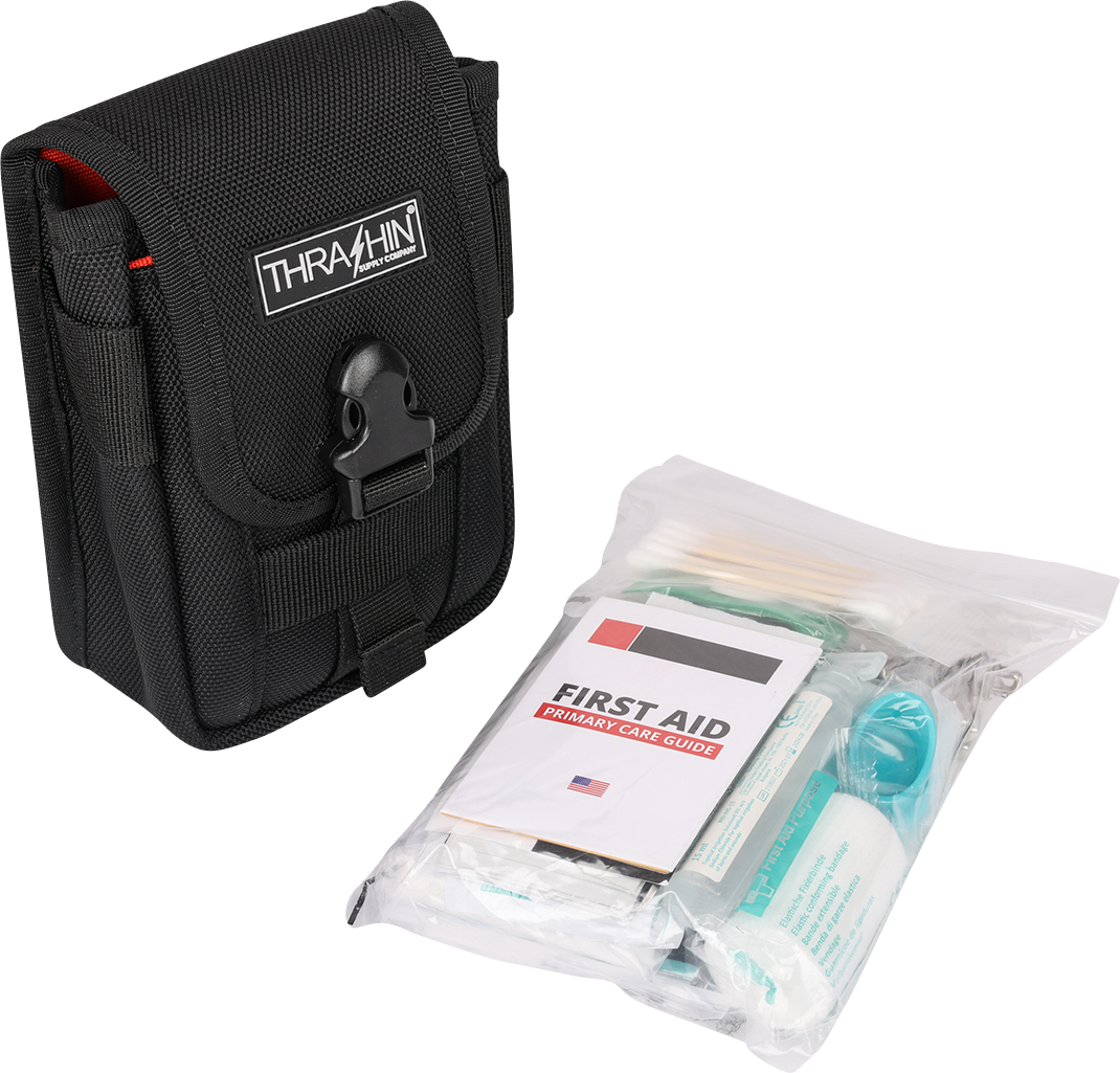 Durable THRASHIN SUPPLY CO. multi-use pouch made of 1680D ballistic nylon with high visibility interior for organized storage.