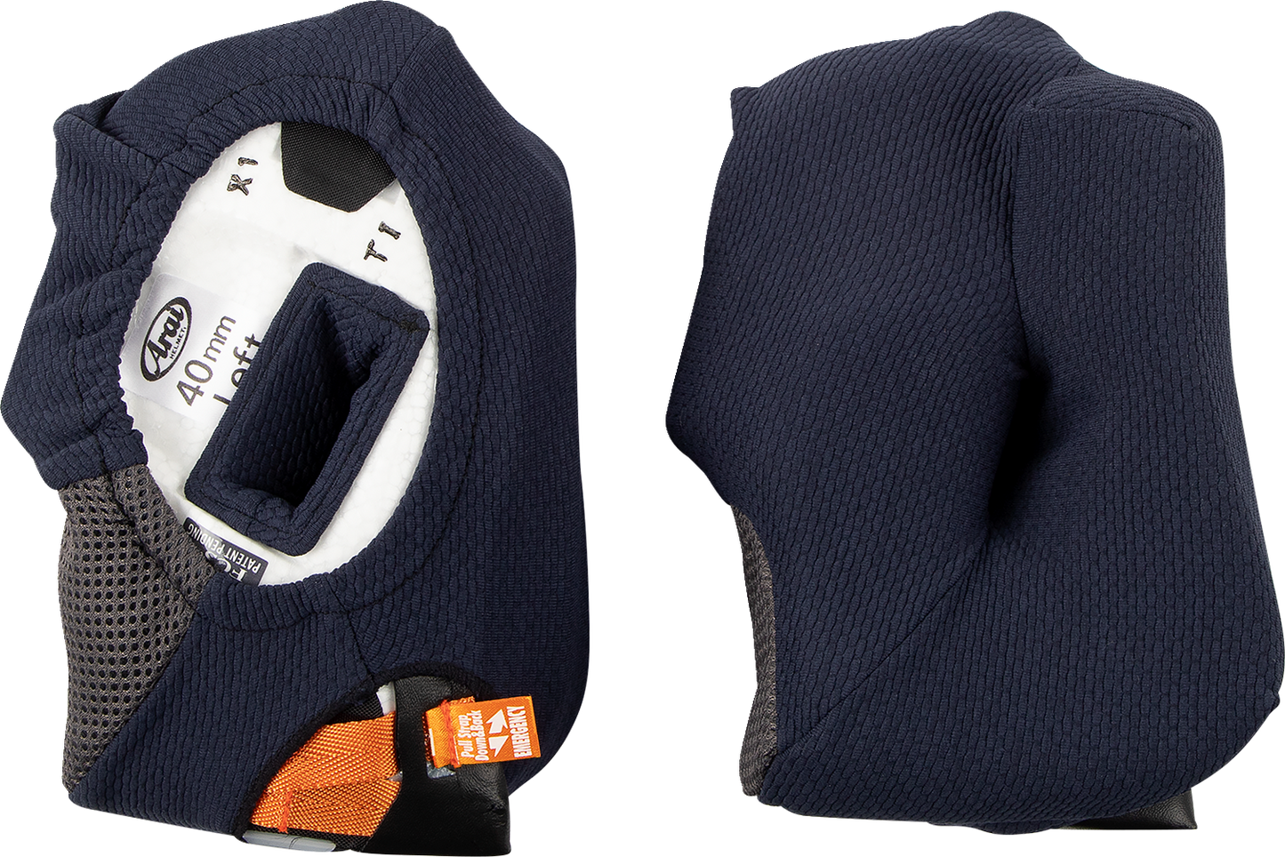 ARAÍ Helmets Corsair-X, Quantum-X, Signet-X cheek pads, 40mm, part 05-5703, showing padded interior for helmet comfort