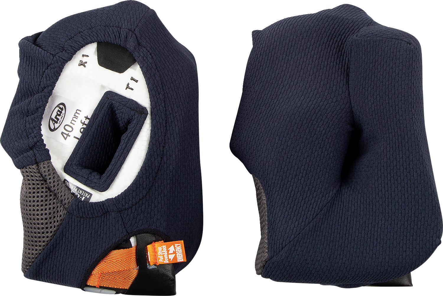 ARAÍ Helmets Corsair-X, Quantum-X, Signet-X cheek pads, 40mm, part 05-5703, showing padded interior for helmet comfort