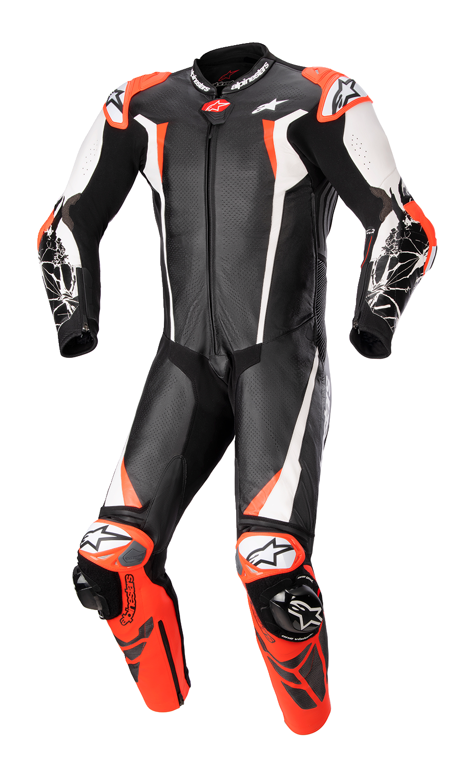 Alpinestars Racing Absolute v2 1-piece leather motorcycle suit in black, white, and red fluo, US 42 / EU 52, front view.