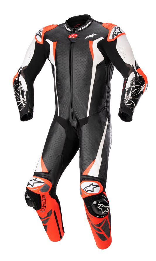 Alpinestars Racing Absolute v2 1-piece leather motorcycle suit in black, white, and red fluo, US 42 / EU 52, front view.