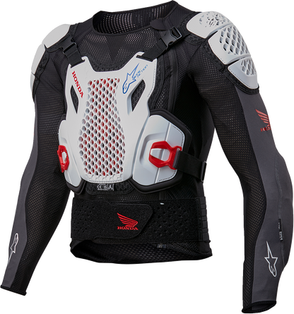 Alpinestars Honda Bionic Plus v2 motorcycle protection jacket in black, white, blue, and red, size 2XL, with visible armor padding.