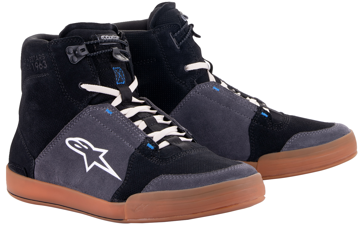 Alpinestars Chrome Shoes in black, asphalt, and gum blue, US 12.5 / EU 46, showcasing the stylish sporty sneaker design.