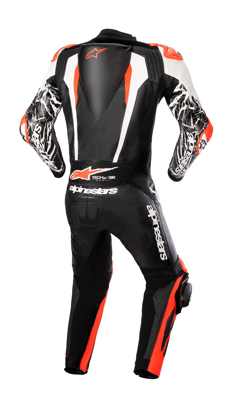 Alpinestars Racing Absolute v2 1-piece leather suit in black, white, and red fluo, US 42 / EU 52, front view.
