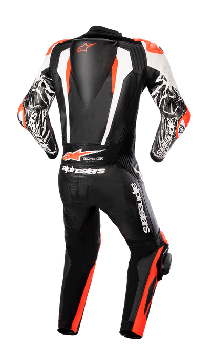 Alpinestars Racing Absolute v2 1-piece leather suit in black, white, and red fluo, US 42 / EU 52, front view.
