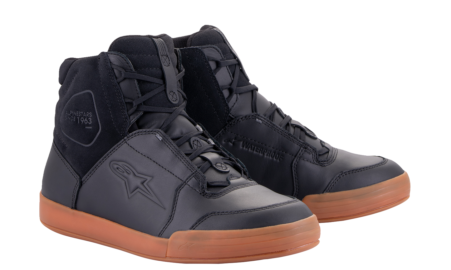 Alpinestars Chrome waterproof shoes in black and brown, US size 12, EU 45.5, with sleek design and sturdy sole.